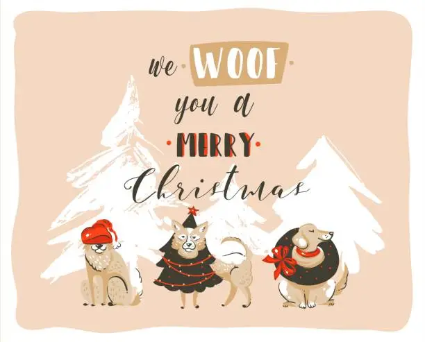 Vector illustration of Hand drawn vector abstract fun Merry Christmas time cartoon illustrations poster with xmas dogs and modern handwritten calligraphy text We Woof you a Merry Christmas isolated on pastel background