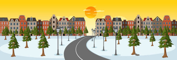 pozioma scena o wschodzie słońca z długą drogą przez snowpark do miasta - street snow urban scene residential district stock illustrations