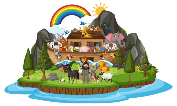 illustrazioni stock, clip art, cartoni animati e icone di tendenza di arca di noè con animali isolati su sfondo bianco - ark cartoon noah animal