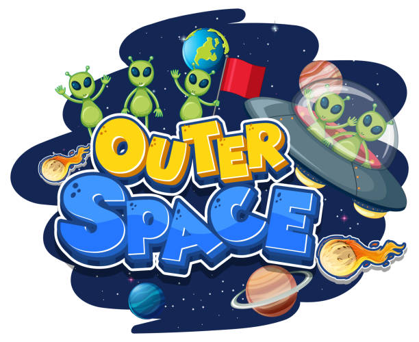 Outer Space logo with aliens and ufo Outer Space logo with aliens and ufo illustration baptismal font stock illustrations