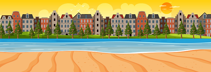 Beach horizontal scene at sunset time with city background illustration