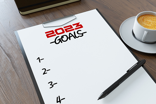 2023 Goals Notepad. 2023 New Year Concept. 3D Render