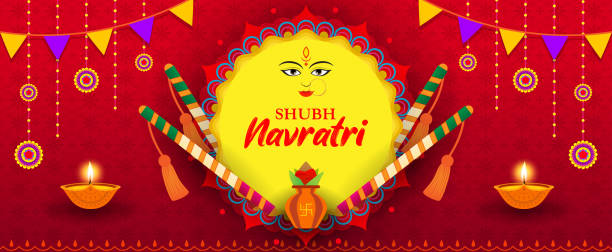 ilustrasi vektor spanduk shubh navratri(happy navratri). dewi mahadevi, tongkat dandiya dan kalash (pot kendi) dengan latar belakang pola india kuning. - navaratri ilustrasi stok