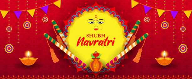 ilustrações, clipart, desenhos animados e ícones de ilustração vetorial de bandeira shubh navratri (happy navratri). deusa mahadevi, varas dandiya e kalash (pote de jarro) no fundo padrão indiano amarelo. - devi