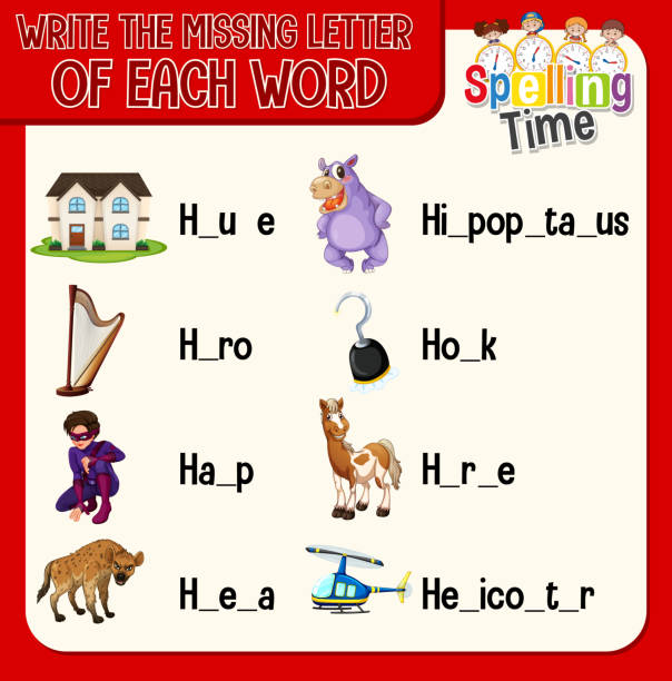 напишите недостающую букву каждого слова на листе для детей - letter h alphabet education learning stock illustrations