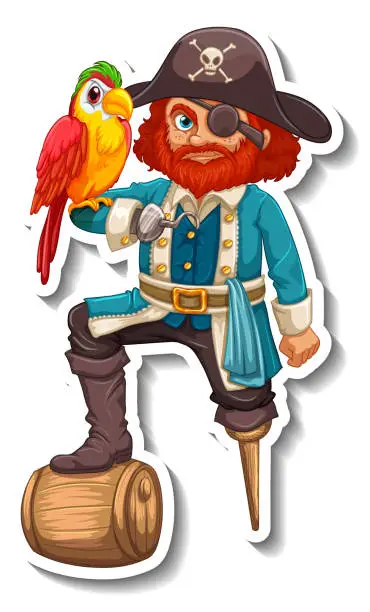 Vector illustration of Sticker template with a pirate man cartoon character isolated