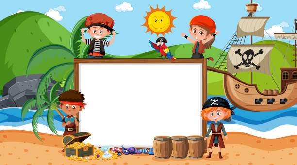 해변 주간 장면에서 해적 아이들과 함께 빈 배너 템플릿 - barque stock illustrations