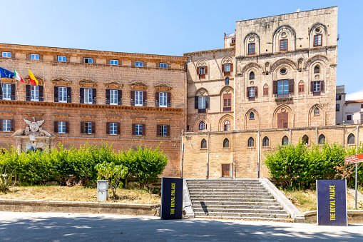 Palermo, Italy - July 6, 2020: Palazzo dei Normanni (Palace of the Normans, Palazzo Reale) in Palermo city. Royal Palace was the seat of the Kings of Sicily during the Norman domination