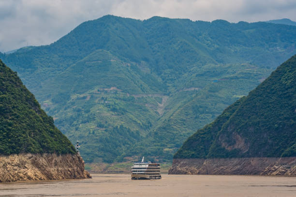 Koman, Albania - September 13, 2025: tour boat on Lake Koman in northern Albania with views of the surrounding mountains