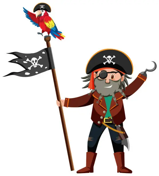 Vector illustration of Pirate cartoon character of Captain Hook holding the Jolly Roger isolated on white background