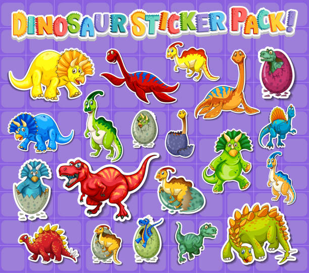 Sticker set with different types of dinosaurs cartoon characters Sticker set with different types of dinosaurs cartoon characters illustration pteranodon stock illustrations