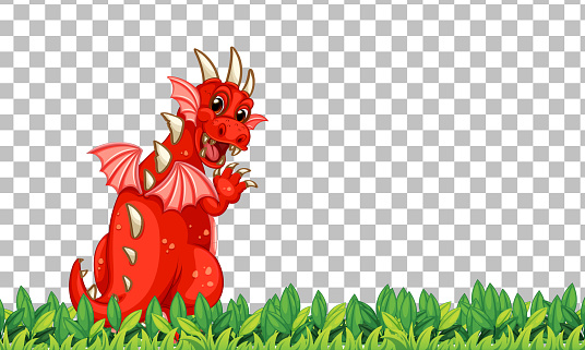 Dragon cartoon character on green grass on transparent background illustration