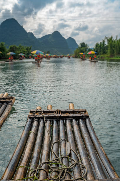 Bamboo rafts prepared and ready for a tourists