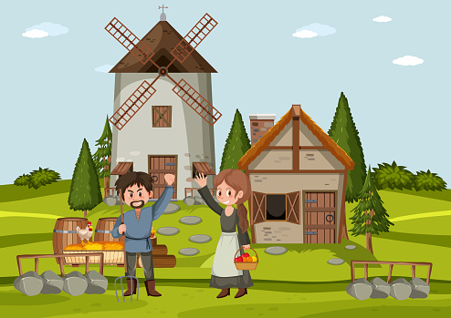 People in front of the medieval house style illustration