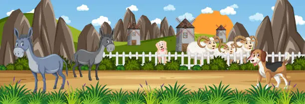 Vector illustration of Panorama landscape scene with farm animals in the farm