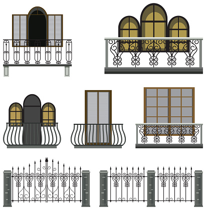 Set of gothic balconies and gates illustration