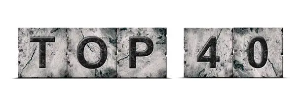 Photo of Top 40, words, isolated on a white background. Alphabet on stone blocks.Rating. Rating concept.