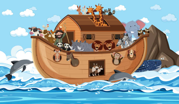ilustrações de stock, clip art, desenhos animados e ícones de noah's ark with animals in the ocean scene - ark cartoon noah animal