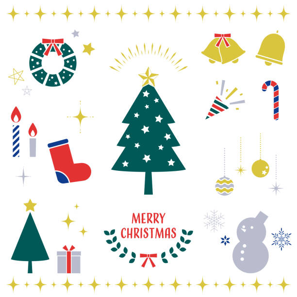 set of colorful and cute Christmas illustrations set of colorful and cute Christmas illustrations symbol snowflake icon set shiny stock illustrations