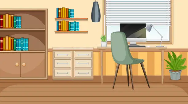 Vector illustration of Workroom scene with computer on the table