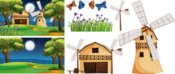 Vector illustration of Farm element set isolated with farm scene