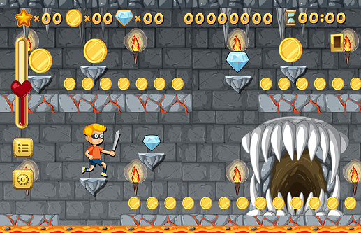 Platformer game template with underground lava theme illustration