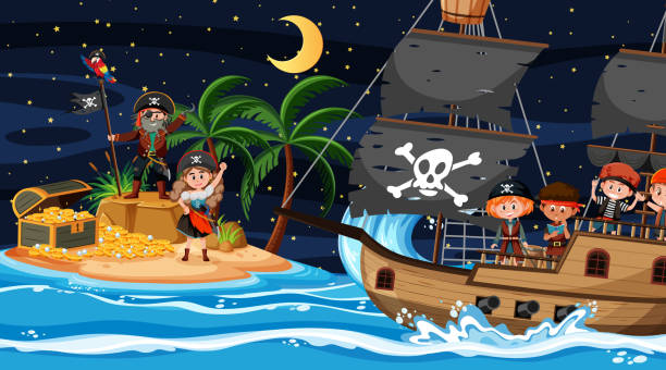 schatzinsel-szene bei nacht mit piratenkindern auf dem schiff - bark stock-grafiken, -clipart, -cartoons und -symbole