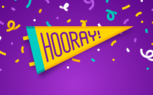 Hooray celebration pennant flag and confetti party abstract background with space for copy.