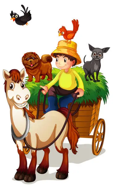 Vector illustration of Horse carriage with farm animals