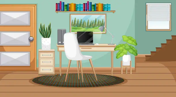 Vector illustration of Workroom scene with a laptop on the table