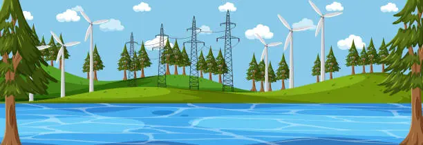 Vector illustration of Nature horizontal scene at day time with many wind turbines