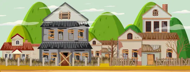 Vector illustration of Abandon empty rutal town with old broken house background