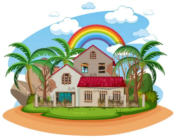 Vector illustration of Isolated old broken house in the rural