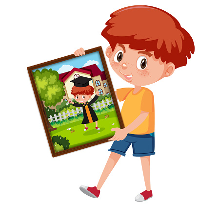 Cartoon character of a boy holding his graduation photoshoot
