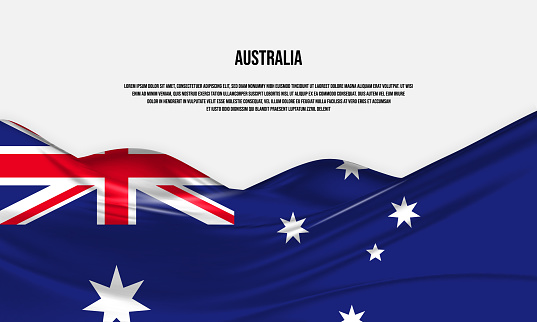 Australia flag design. Waving Australian flag made of satin or silk fabric. Vector Illustration.