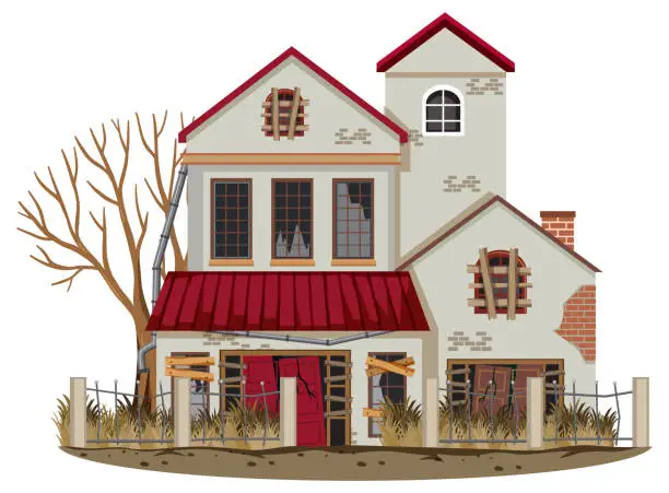 Vector illustration of Isolated old broken house in the rural