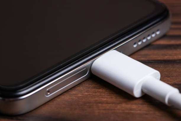 istock Charger with smartphone on wooden background close up 1420423081