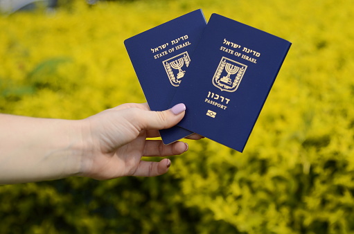 Israeli passport Darkon. A woman's hand is holding two Israeli biometric passports. Concept: travel, citizenship, emigration. Beautiful background, green grass and yellow flowers. Translation: Darkon