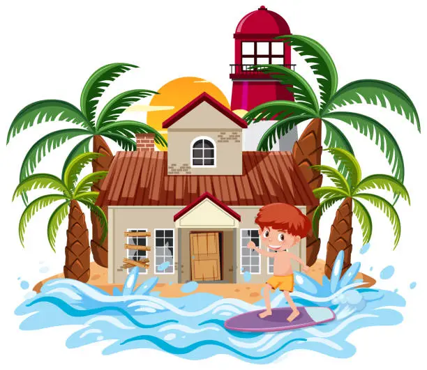 Vector illustration of Boy surfing in front of old beach house