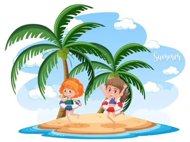 Vector illustration of Isolated beach island with two girls wearing swimwears