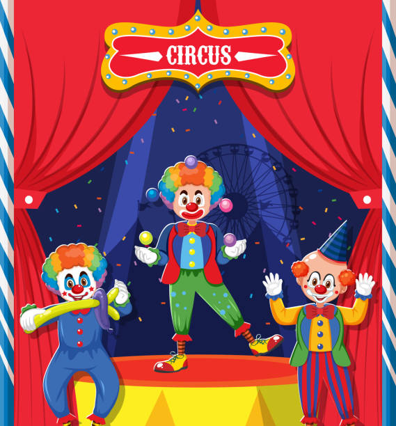 illustrazioni stock, clip art, cartoni animati e icone di tendenza di personaggio dei cartoni animati di tre clown sul palco - curtain red color image clown