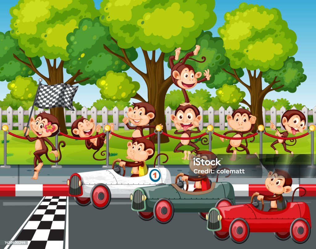 Animal Racing Driver Cartoon Race Track Scene With Monkey Racing Drivers Stock Illustration ...