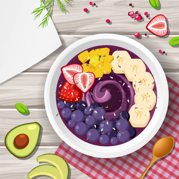 Top view Acai food bowl and placemat on wood table Top view Acai food bowl and placemat on wood table illustration strawberry salad stock illustrations