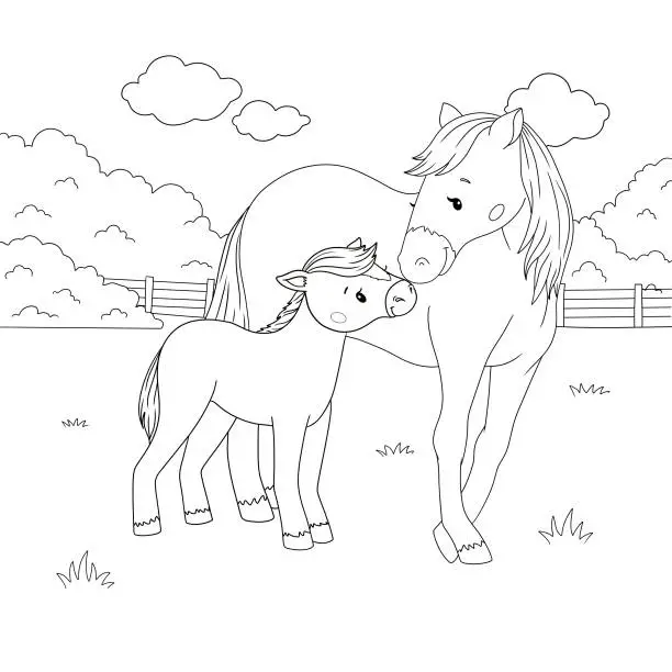 Vector illustration of Horse and foal on pasture