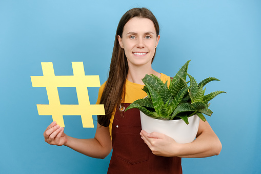Portrait of good looking woman holding pot plants, demonstrating yellow hashtag symbol, happy looking at camera, posing isolated over blue color background wall in studio. Online shopping concept