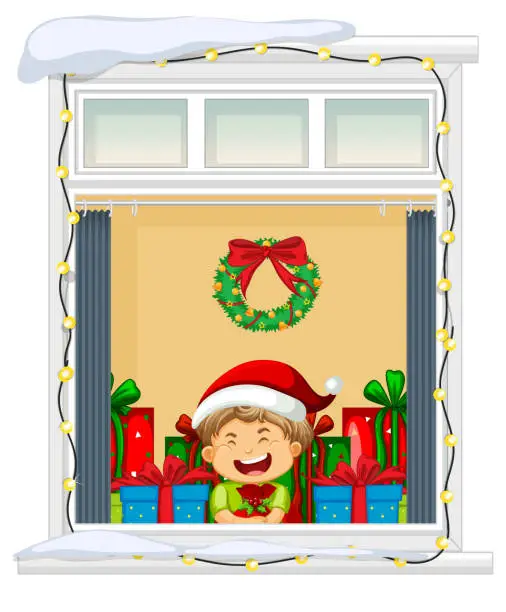 Vector illustration of View through the window of cartoon character in Christmas theme