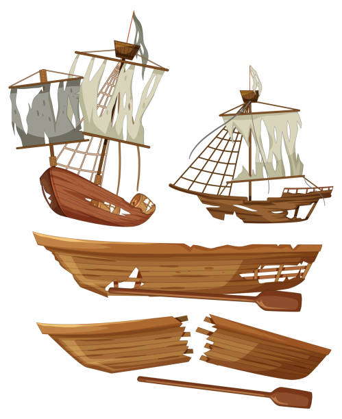 Set of different shipwreck on white background Set of different shipwreck on white background illustration wrecked wood boat stock illustrations