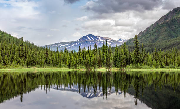 One of the triple lakes with a mountain range in the background in the Denali National Park, Alaska stock photo