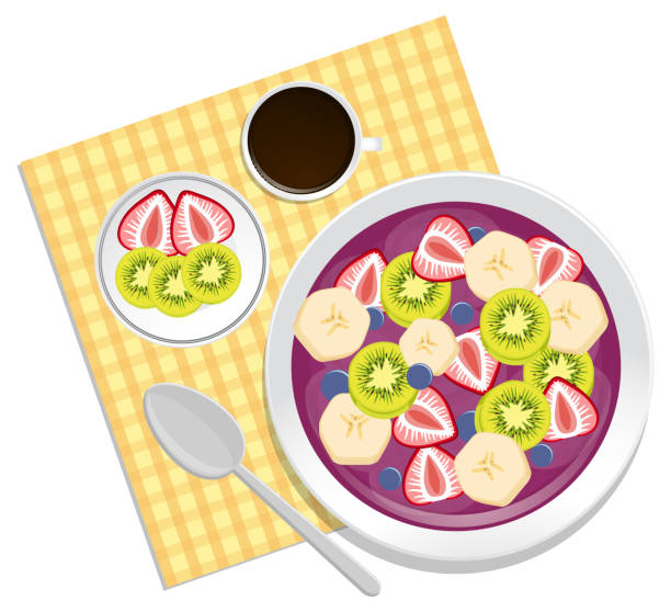 Top view Acai food bowl and placemat on white background Top view Acai food bowl and placemat on white background illustration strawberry salad stock illustrations