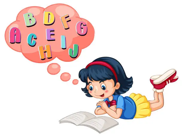 Vector illustration of A girl reding with alphabet in callouts